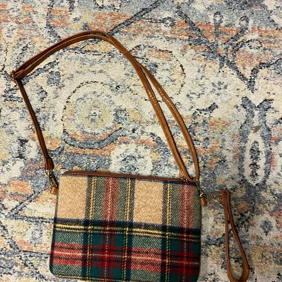 Elegant Plaid Crossbody Bag with Brown Trim - Picture 2 of 8